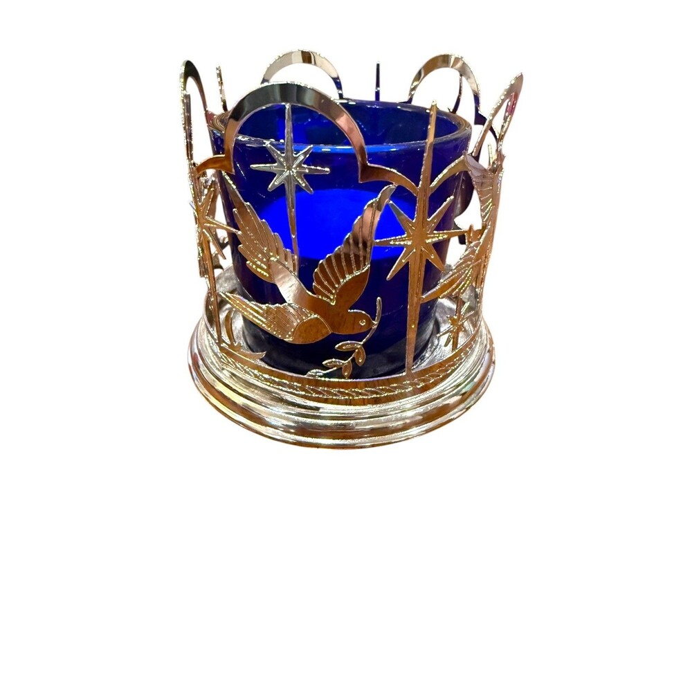 Lunt Silversmiths Punched Silver Blue Glass Votive Candle Holder Peace Dove